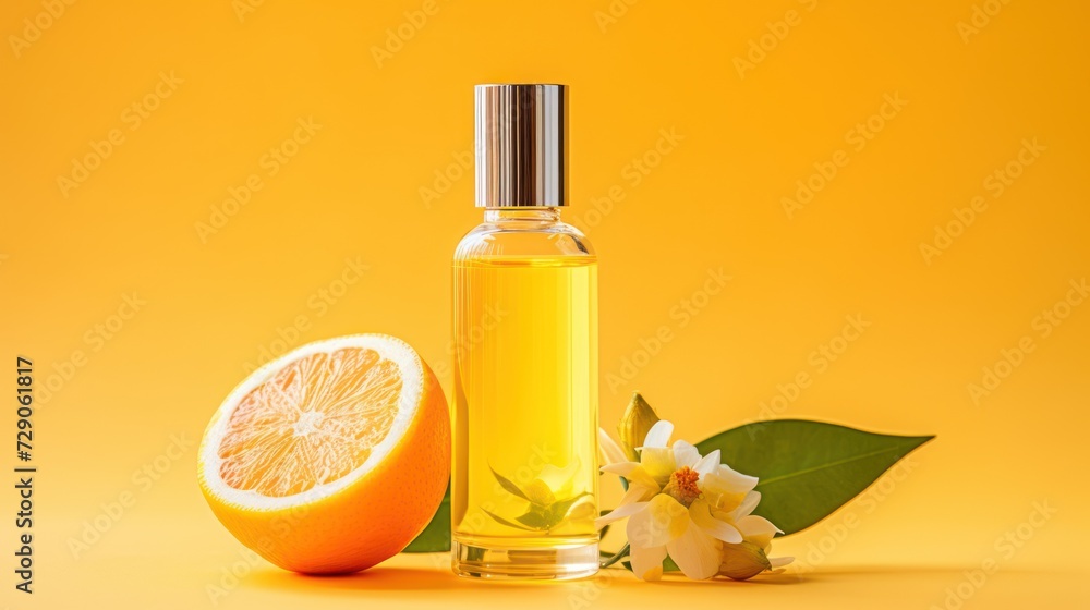 Amidst an orange hue, a bottle of citrus essential oil graces the table. Amidst an orange hue, a bottle of citrus essential oil graces the table.
