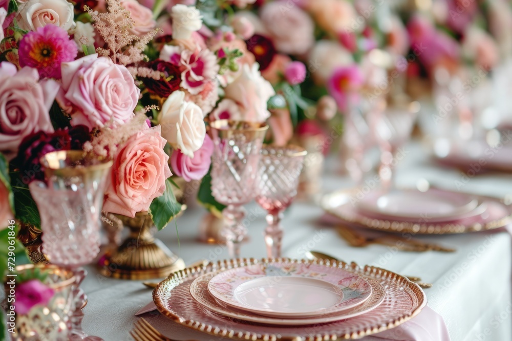 Fototapeta premium Banquet luxury wedding with flowers decor on the table