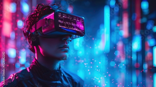 Man using virtual reality headset in futuristic neon colorful smart city