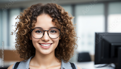 Young beautiful woman with curly hair and piercing wearing striped shirt and glasses happy face smiling with crossed arms looking at the camera. Positive person. © saritwat