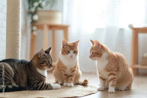 Group of tabby cat sitting in the room photo