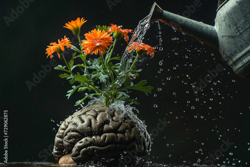 Flowers growing out of a brain, depicting the concept of learning, education, or mindfulness
