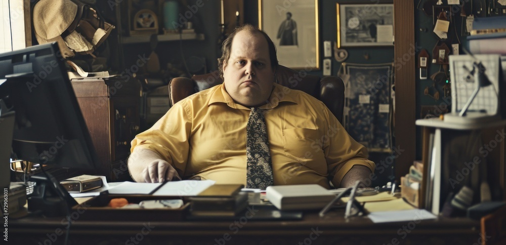 Naklejka premium Oversize fat caucasian white man sitting in the working table