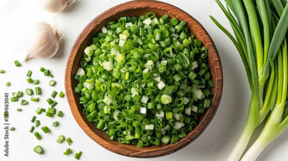 Finely chopped fresh scallions are elegantly arranged on a clean white background. This composition emphasizes the green stems and white heads of the onions. and appetizing Finely chopped fresh scallions are elegantly arranged on a clean white background. This composition emphasizes the green stems and white heads of the onions. and appetizing
