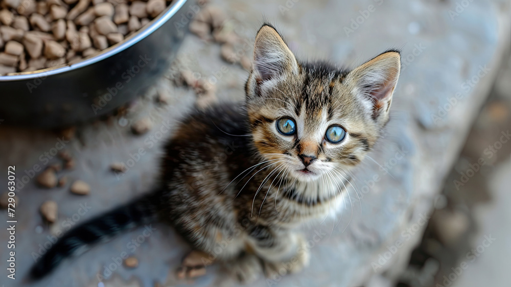 Cute little kitten eating dry food from bowl. Cute little kitten eating dry food from bowl.