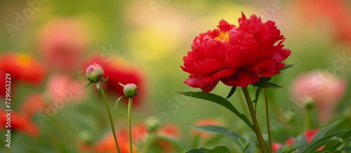 Gorgeous sight of a red peony in a Paeoniaceae meadow garden. © 2rogan