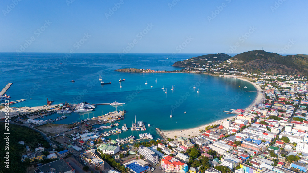 The Caribbean island of St Maarten. St Martin cityscape. Scenic aerial view of the Caribbean.  The Caribbean sea. 