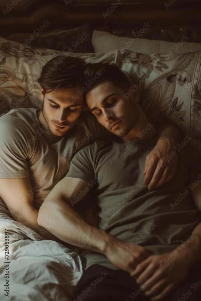 Portrait of a young gay men couple in bedroom in intimate moment