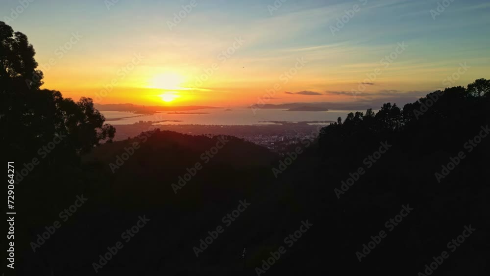 Aerial Drone Fly Above Sunset Skyline at Grizzly Peak Berkeley Hills Summit View Aerial Drone Fly Above Sunset Skyline at Grizzly Peak Berkeley Hills Summit View