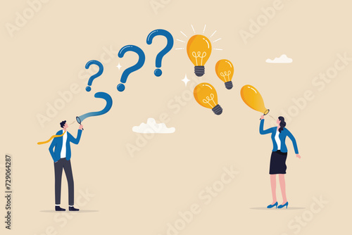 Question and answer, FAQ frequently asked questions, asking and reply to solve problem, help information, solution or q and a session concept, business people with question mark and lightbulb bubble. photo