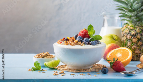 Healthy Breakfast Bowl with Salad, Yogurt, and Fresh Fruits