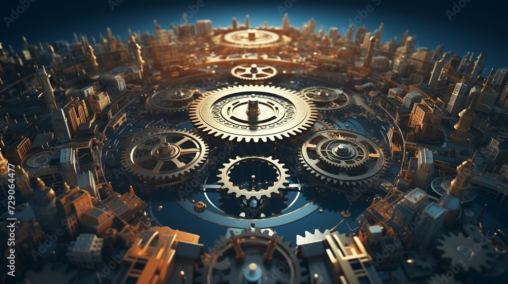 A breathtaking representation of Global Economic Unity, showcasing a symphony of interconnected gears and circuits merging seamlessly.