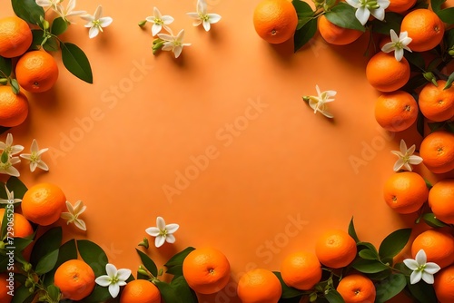 orange red blue green and purple background with small branch of the white jasmine flowers branch at one side corner with text copy space in the middle abstract background 