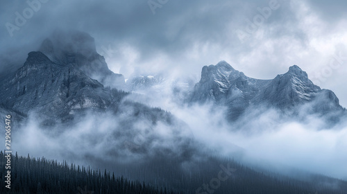 Grayscale Mountain Range Showing Limitless Peaks and Alps Covered in a Moody Fog - Cinematic Color Grading Showcasing Emotionality of Nature and the Outdoors - Cold and Snowy Mountaintops