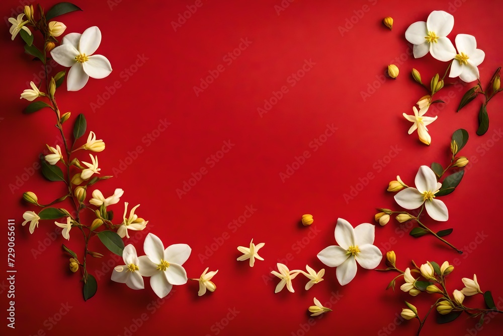 orange red blue green and purple background with small branch of the white jasmine flowers branch at one side corner with text copy space in the middle abstract background 