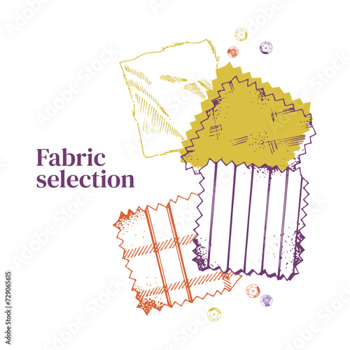 Selection of fabric. Fabric samples with zigzag edges. Textile industry. Repair and tailoring to order, sewing workshop, atelier, sewing store. Checked and striped fabric. Vector illustration