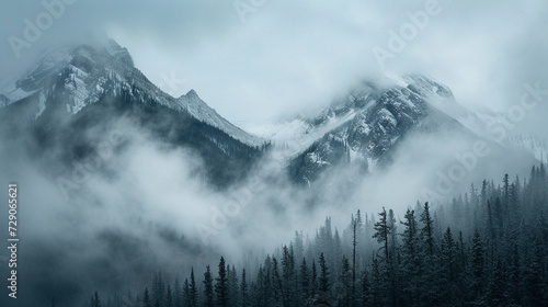 Grayscale Mountain Range Showing Limitless Peaks and Alps Covered in a Moody Fog - Cinematic Color Grading Showcasing Emotionality of Nature and the Outdoors - Cold and Snowy Mountaintops © AnArtificialWonder