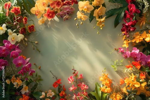 Frame made of beautiful orchids on green background, with space for text, concept of Valentine Day, Mother Day, Women Day
