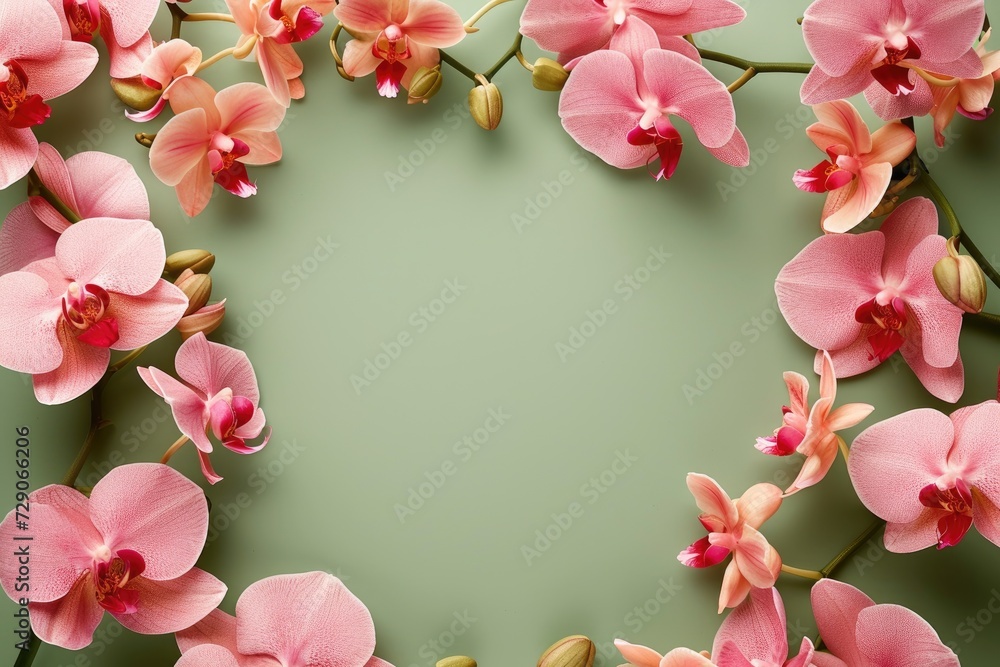 Frame made of beautiful orchids on green background, with space for text, concept of Valentine Day, Mother Day, Women Day
