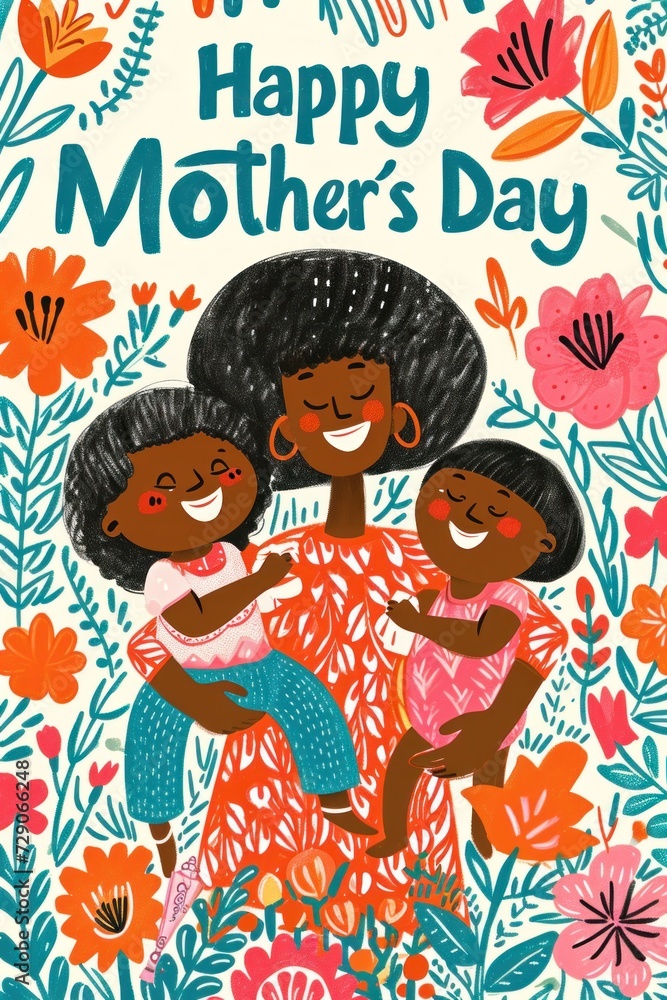 Marking Mother's Day, an Afro mother and her kids share flowers.