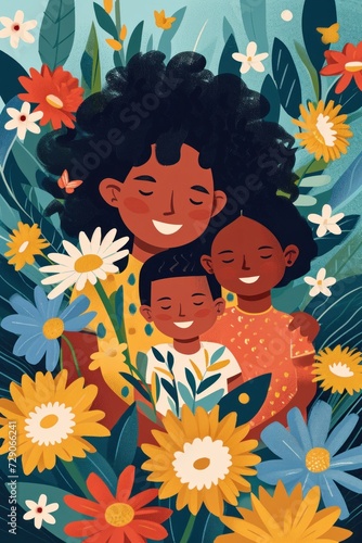 Celebrating Mother s Day  an Afro mother and her kids hold flowers.