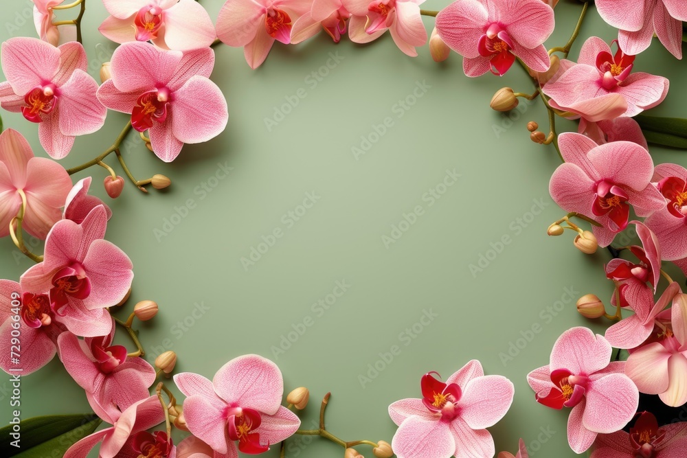 Frame made of beautiful orchids on green background, with space for text, concept of Valentine Day, Mother Day, Women Day Frame made of beautiful orchids on green background, with space for text, concept of Valentine Day, Mother Day, Women Day