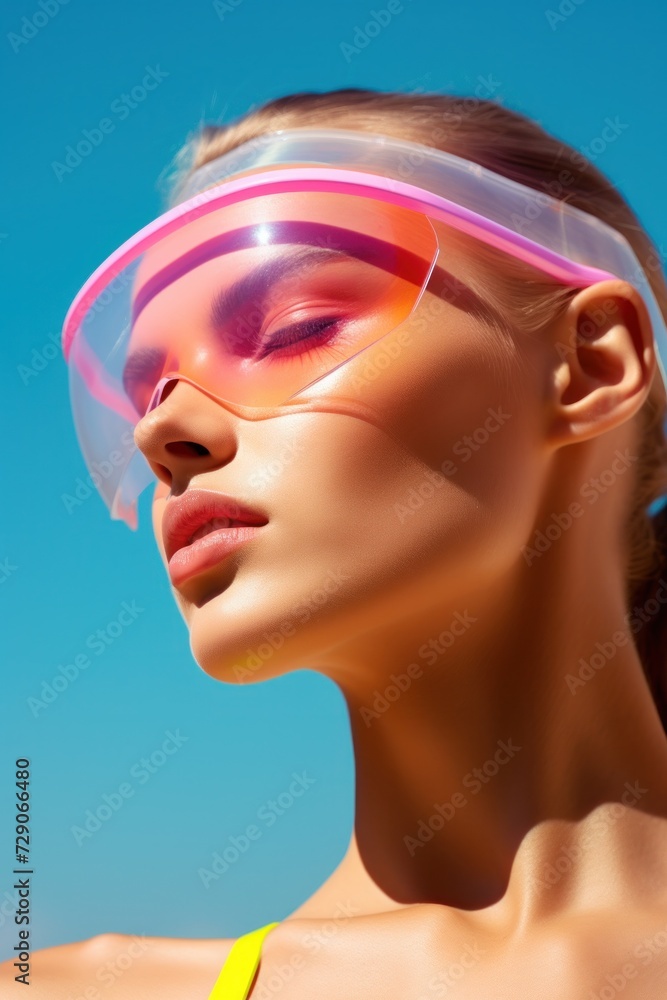 A side profile of a woman wearing a multi-colored futuristic visor, illustrating an avant-garde fashion concept A side profile of a woman wearing a multi-colored futuristic visor, illustrating an avant-garde fashion concept