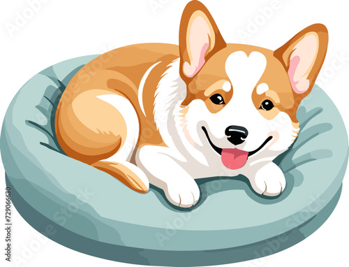 Cute corgi dog in soft dog bed illustration isolated on transparent background svg, cute cartoon clipart for nursery, children's book, kid-friendly character, baby shower, dog lover, whimsical style