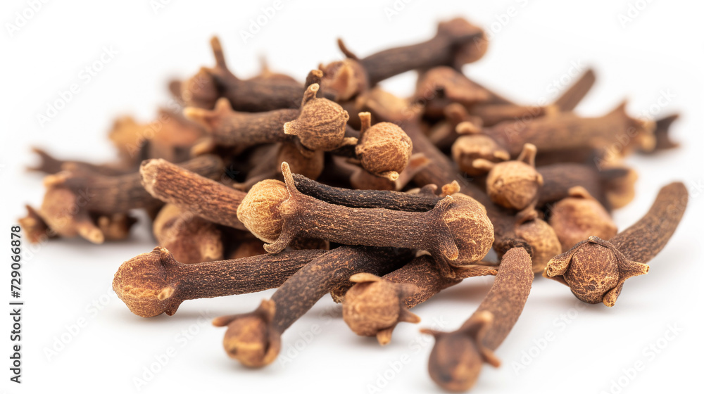 The Close Up Photo A Heap Of Cloves Isolated On A White Background, Ideal For Food Blogs And Spice Advertisements. The Close Up Photo A Heap Of Cloves Isolated On A White Background, Ideal For Food Blogs And Spice Advertisements.