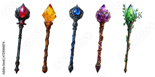 Set of magic wizard staff isolated on transparent background.