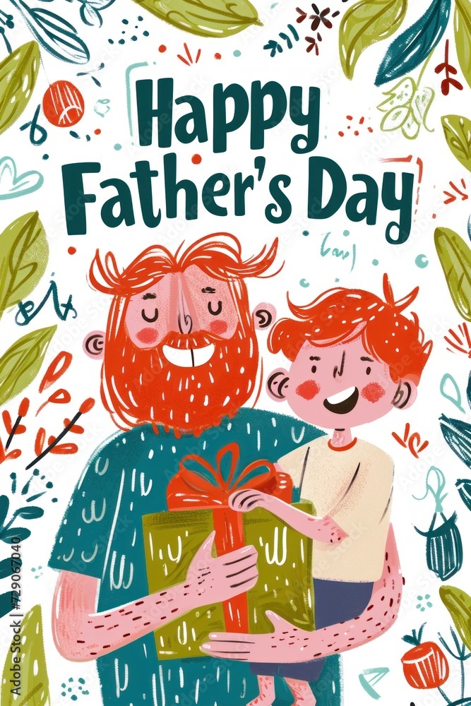 Red-haired dad and kid happily celebrate Father's Day side by side.
