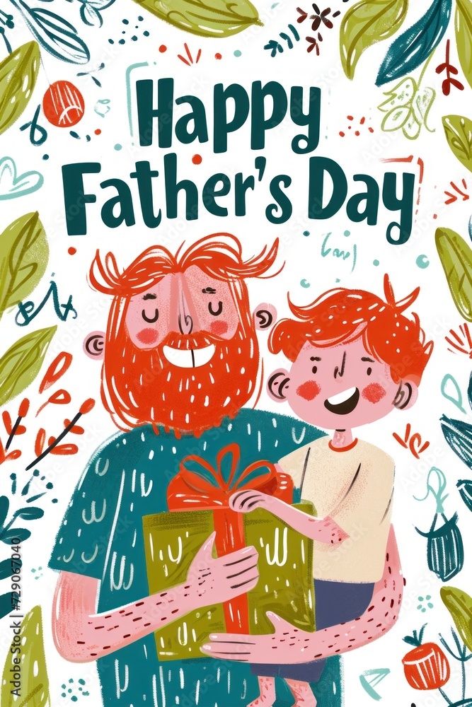 Red-haired dad and kid happily celebrate Father's Day side by side. Red-haired dad and kid happily celebrate Father's Day side by side.