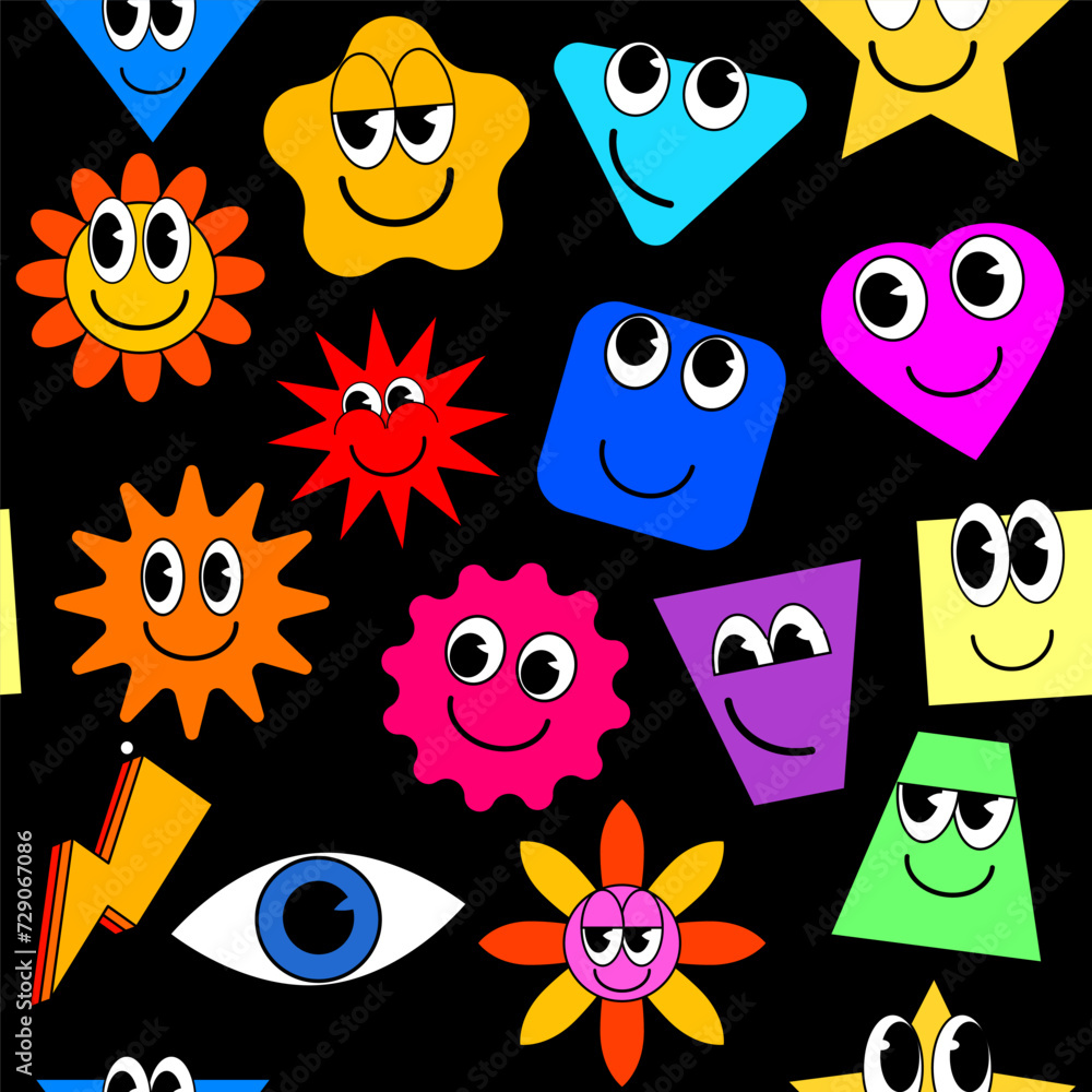 Cartoon stickers Seamless pattern. Abstract shapes, stars, square, comic cute doodle smile characters Cartoon stickers Seamless pattern. Abstract shapes, stars, square, comic cute doodle smile characters