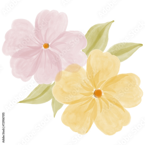 Two pink and peach flowers with leaves in watercolor