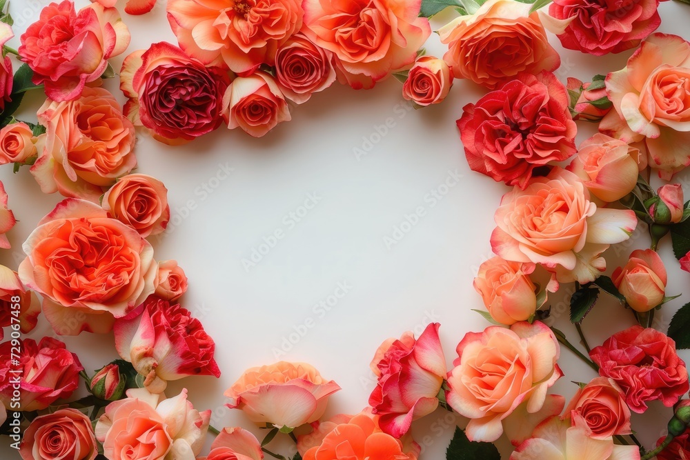 Frame made of red and orange roses on white background with space for text, concept of Valentine Day, Mother Day, Women Day