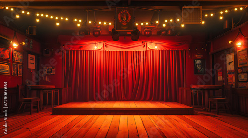 Empty Theater Stage with Red Velvet Curtain, Spotlight on Performance Space, Dramatic Entertainment Background