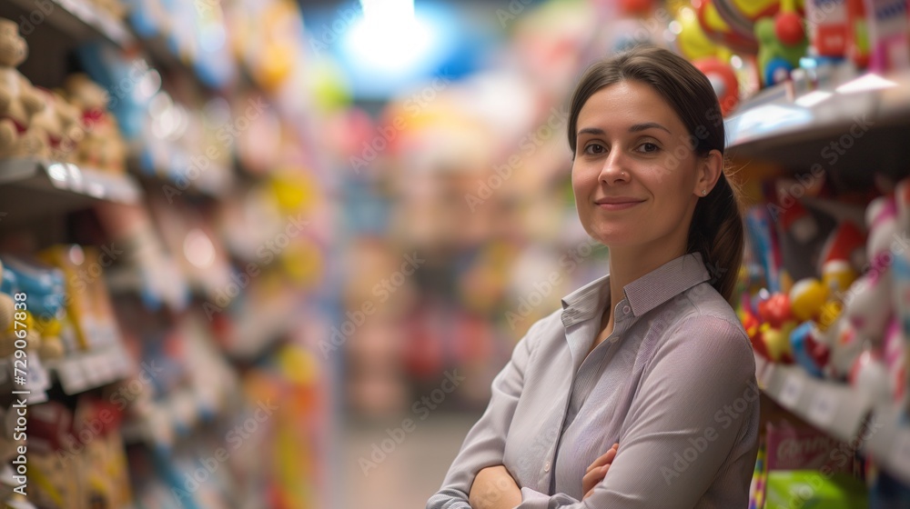 Professional saleswoman in a toy store, offering a friendly and expert presence amidst the colorful and cheerful environment of children's toys.