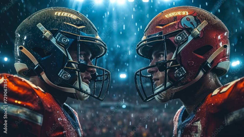 Fototapeta premium Intense face-off between two football players with helmets under stadium lights, embodying competitive spirit and athletic determination amidst a roaring crowd