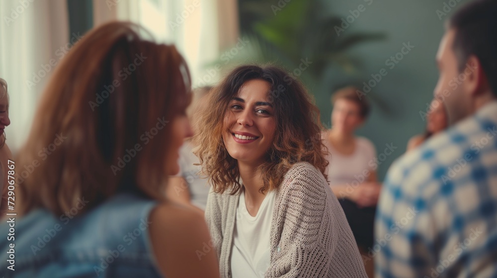 In a supportive therapy group setting, a woman shares a heartfelt smile, highlighting a moment of connection and shared understanding, fostering a sense of community and empathy. In a supportive therapy group setting, a woman shares a heartfelt smile, highlighting a moment of connection and shared understanding, fostering a sense of community and empathy.