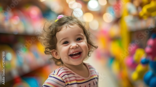 Adorable girl smiling joyfully in a toy store, with a vibrant, colorful background, capturing the exuberance of a happy childhood.