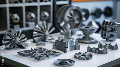 Assortment of precision-engineered metal and plastic parts for mechanical engineering, showcasing advanced manufacturing and intricate designs in a clean, organized workspace.