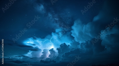 Dramatic stormy night sky illuminated by the fierce dance of lightning, set against a tranquil backdrop of stars, showcasing the stunning power and beauty of nature. © Maxim