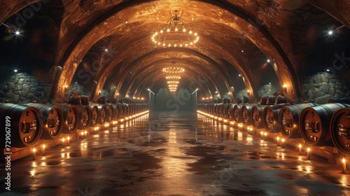 a large cellar with wine barrels and ambient light © Nico