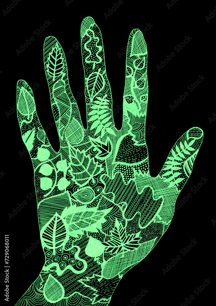 The palm of the left hand is filled with leaves with different textures. Doodle. Green on a black background. Leaves of different shapes. Texture from lines, dots, circles, semicircles, strokes. The palm of the left hand is filled with leaves with different textures. Doodle. Green on a black background. Leaves of different shapes. Texture from lines, dots, circles, semicircles, strokes.