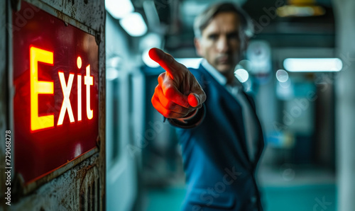 Determined businessman pointing towards an exit sign in a corridor, symbolizing decision-making, direction, departure, and strategic exits