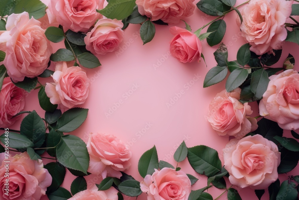 Frame made of beautiful roses on a pink background with space for text, concept of Valentine Day, Mother Day, Women Day