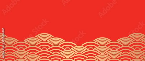 Japanese gold wave background vector. Wallpaper design with gold and red ocean wave pattern backdrop. Modern luxury oriental illustration for cover, banner, website, decor, border. photo