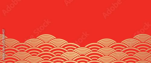 Japanese gold wave background vector. Wallpaper design with gold and red ocean wave pattern backdrop. Modern luxury oriental illustration for cover, banner, website, decor, border.