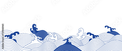 Japanese sea wave background vector. Wallpaper design with blue and white ocean wave pattern backdrop. Modern luxury oriental illustration for cover, banner, website, decor, border.