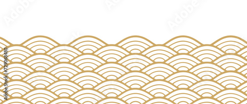 Japanese gold wave background vector. Wallpaper design with gold and white ocean wave pattern backdrop. Modern luxury oriental illustration for cover, banner, website, decor, border.